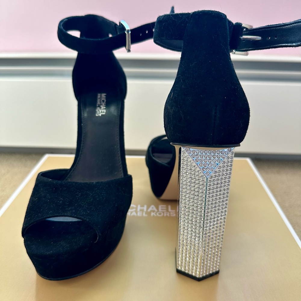 Michael Kors Black Heels with Silver Block - Picture 2 of 9